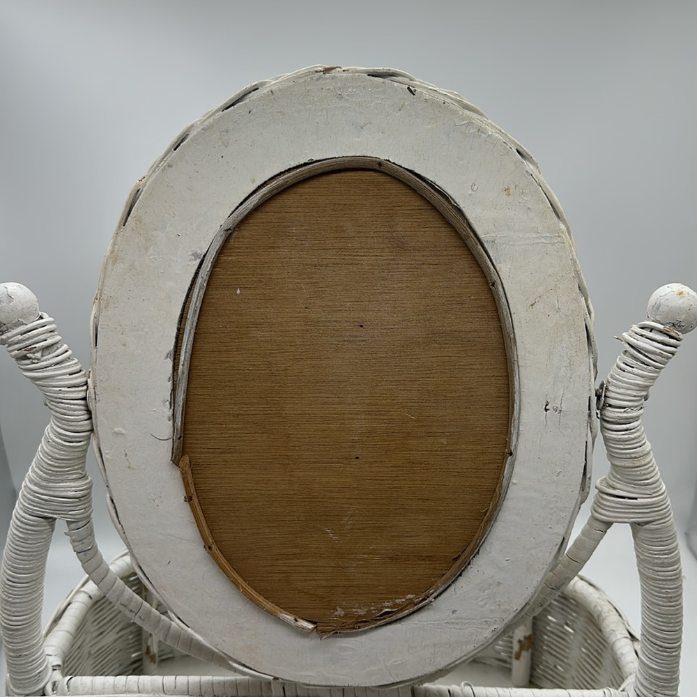 Vintage White Wicker-Wood Oval Swivel Mirror Tabletop Vanity with Basket - Picture 7 of 13